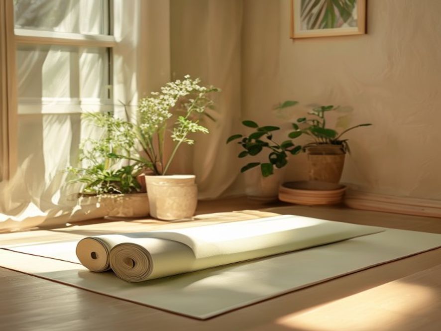 Goed verlichte ruimte met een yogamat en water fles, gereede voor lichte beweging